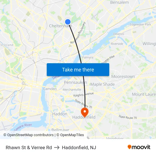 Rhawn St & Verree Rd to Haddonfield, NJ map