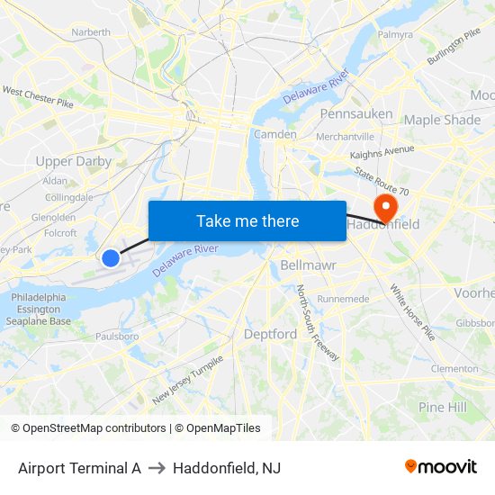 Airport Terminal A to Haddonfield, NJ map