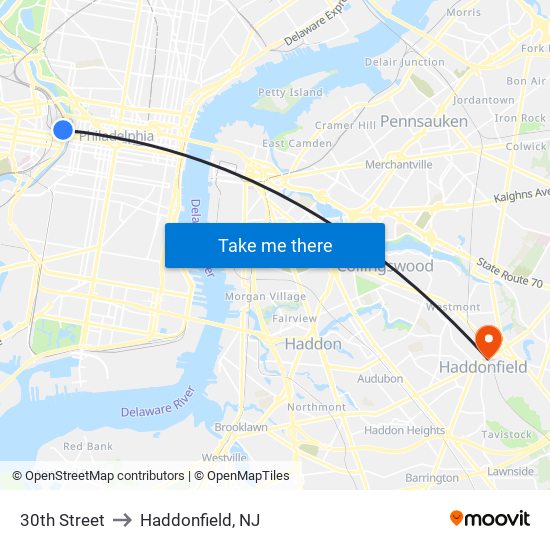 30th Street to Haddonfield, NJ map