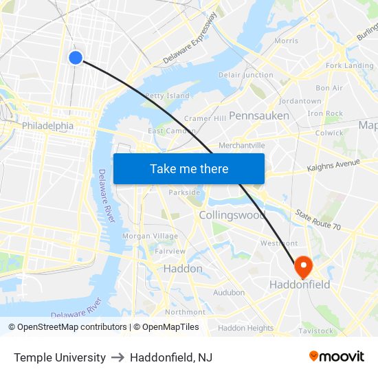 Temple University to Haddonfield, NJ map