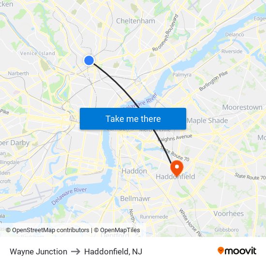 Wayne Junction to Haddonfield, NJ map