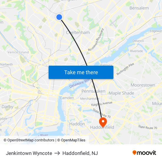 Jenkintown Wyncote to Haddonfield, NJ map