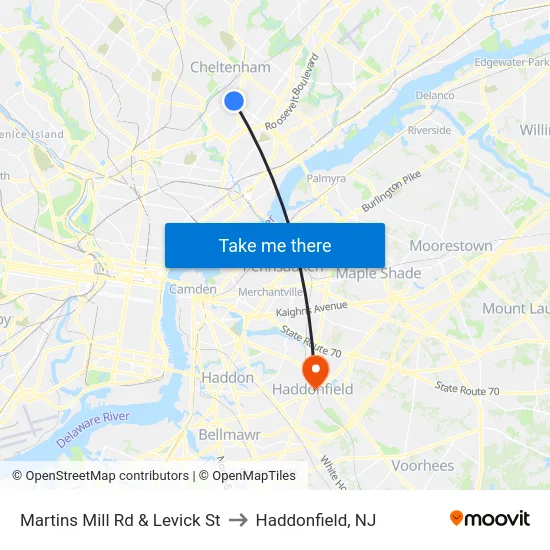 Martins Mill Rd & Levick St to Haddonfield, NJ map