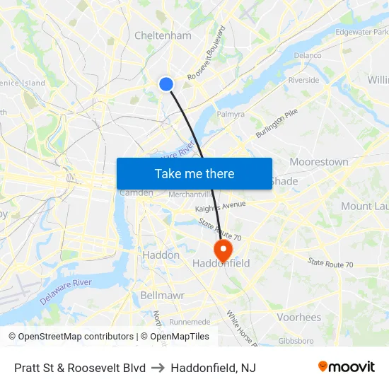 Pratt St & Roosevelt Blvd to Haddonfield, NJ map