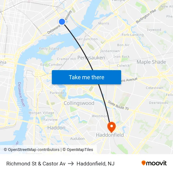 Richmond St & Castor Av to Haddonfield, NJ map