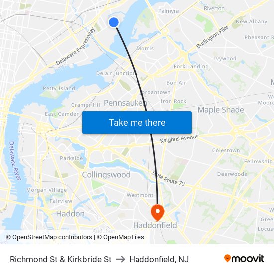 Richmond St & Kirkbride St to Haddonfield, NJ map