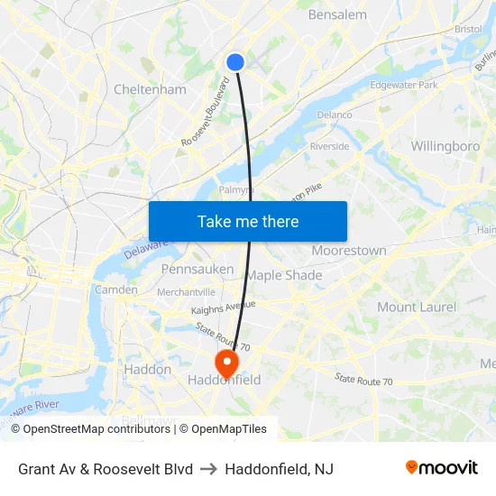 Grant Av & Roosevelt Blvd to Haddonfield, NJ map