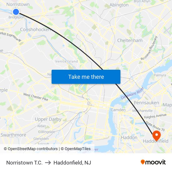 Norristown T.C. to Haddonfield, NJ map