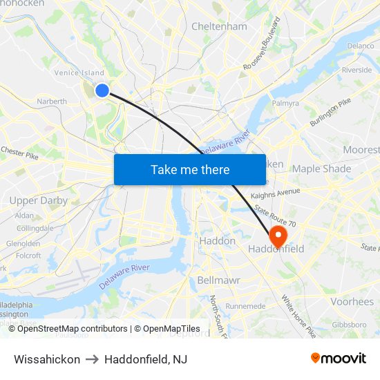 Wissahickon to Haddonfield, NJ map