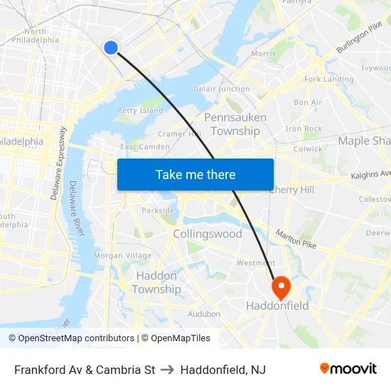 Frankford Av & Cambria St to Haddonfield, NJ map