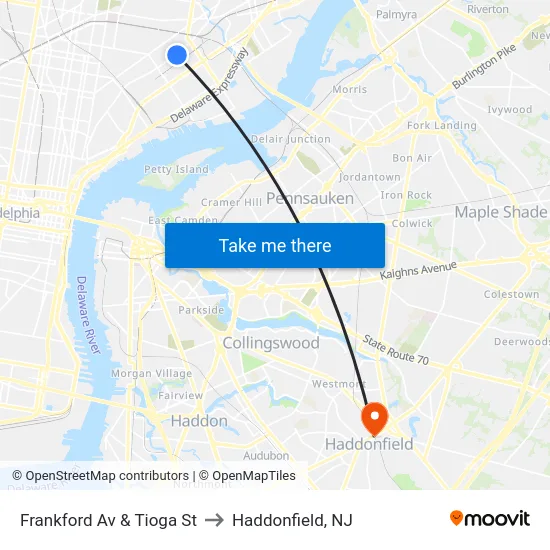 Frankford Av & Tioga St to Haddonfield, NJ map