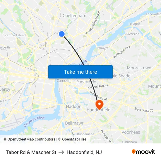 Tabor Rd & Mascher St to Haddonfield, NJ map