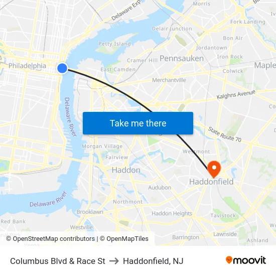 Columbus Blvd & Race St to Haddonfield, NJ map