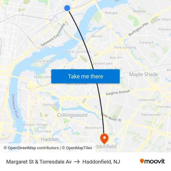 Margaret St & Torresdale Av to Haddonfield, NJ map