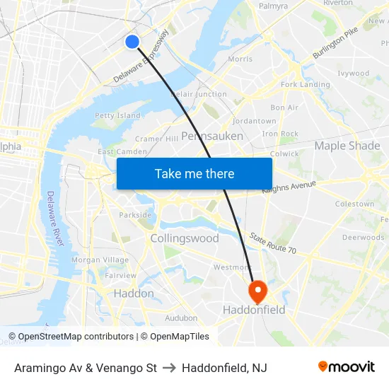 Aramingo Av & Venango St to Haddonfield, NJ map