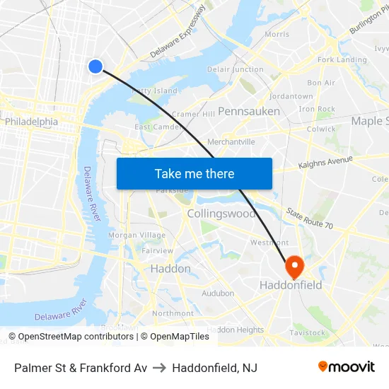 Palmer St & Frankford Av to Haddonfield, NJ map