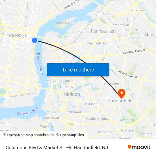 Columbus Blvd & Market St to Haddonfield, NJ map