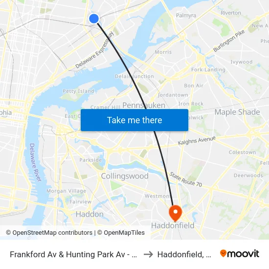 Frankford Av & Hunting Park Av - Fs to Haddonfield, NJ map