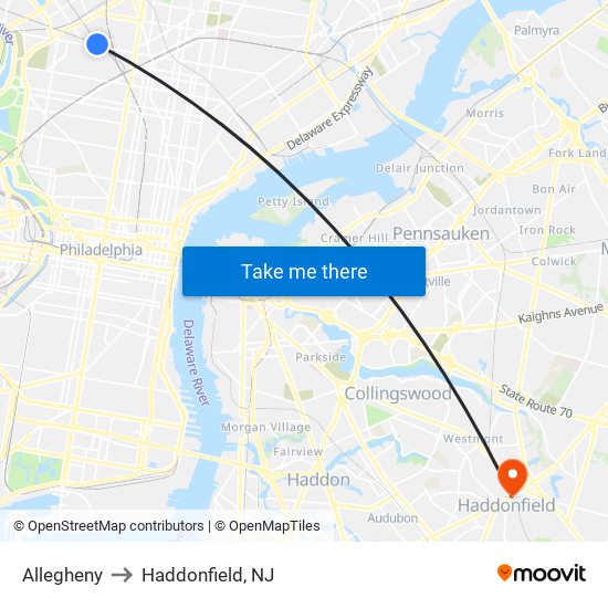 Allegheny to Haddonfield, NJ map