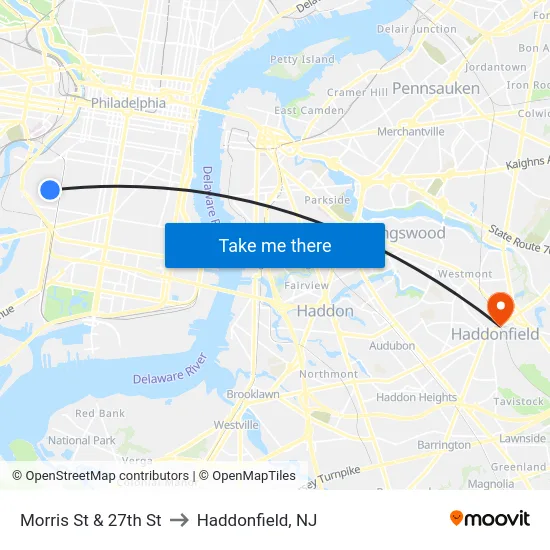 Morris St & 27th St to Haddonfield, NJ map