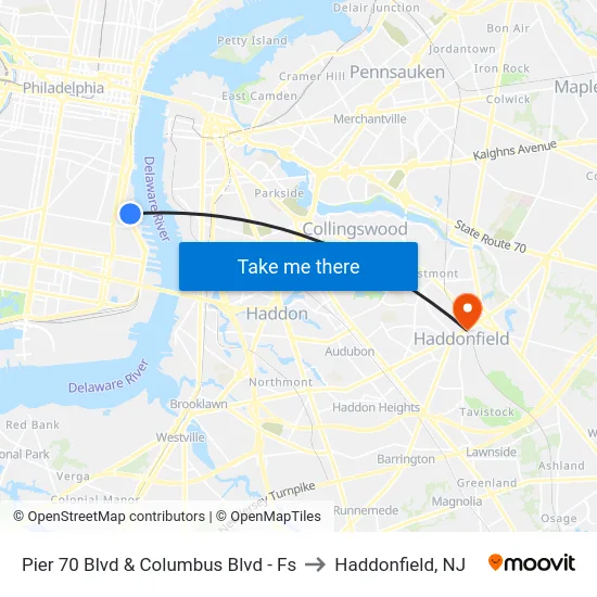 Pier 70 Blvd & Columbus Blvd - Fs to Haddonfield, NJ map