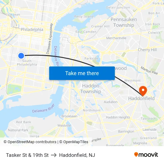 Tasker St & 19th St to Haddonfield, NJ map