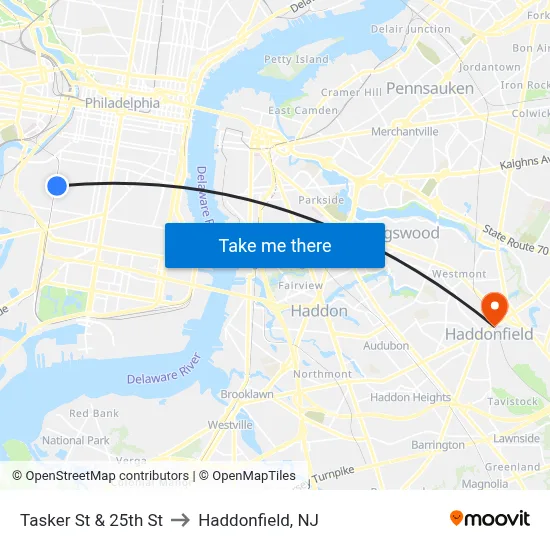 Tasker St & 25th St to Haddonfield, NJ map