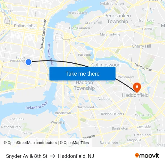 Snyder Av & 8th St to Haddonfield, NJ map