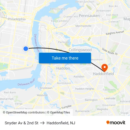 Snyder Av & 2nd St to Haddonfield, NJ map