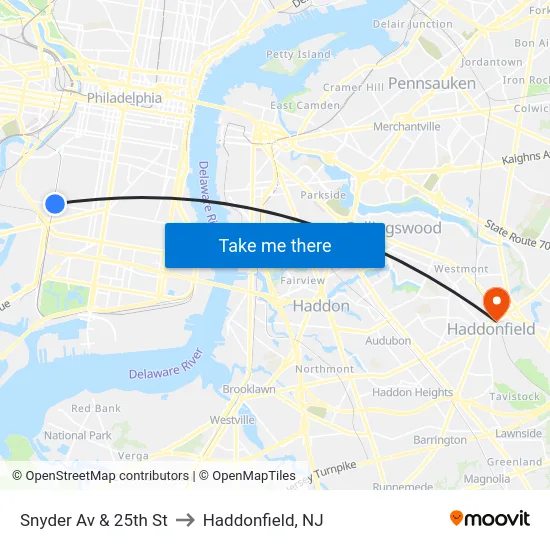 Snyder Av & 25th St to Haddonfield, NJ map