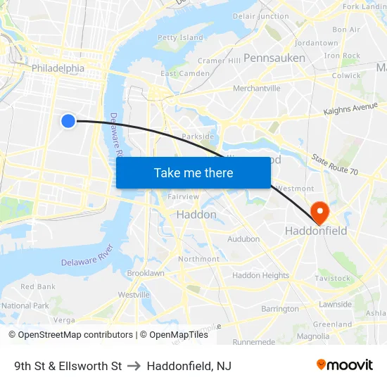9th St & Ellsworth St to Haddonfield, NJ map