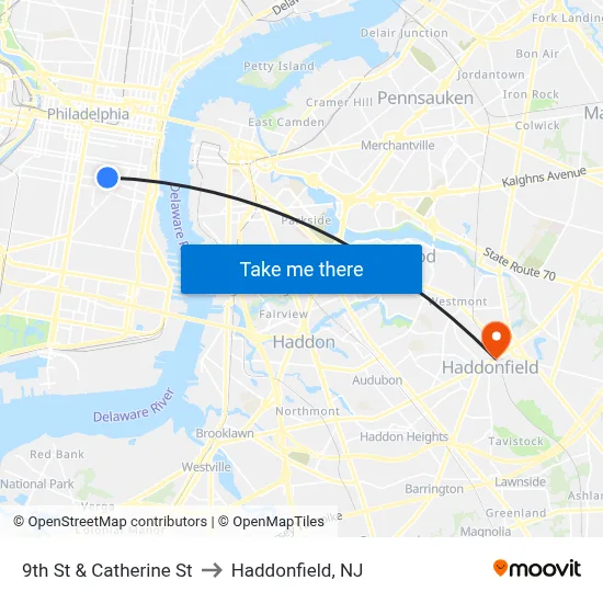 9th St & Catherine St to Haddonfield, NJ map