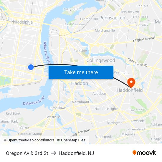 Oregon Av & 3rd St to Haddonfield, NJ map