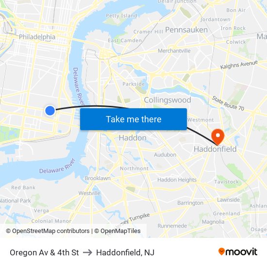 Oregon Av & 4th St to Haddonfield, NJ map