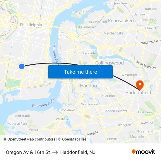 Oregon Av & 16th St to Haddonfield, NJ map