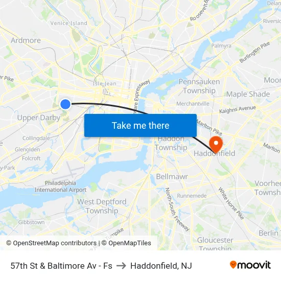 57th St & Baltimore Av - Fs to Haddonfield, NJ map