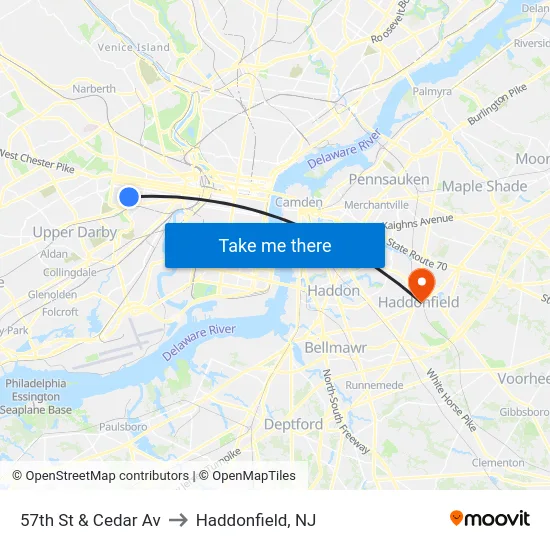 57th St & Cedar Av to Haddonfield, NJ map