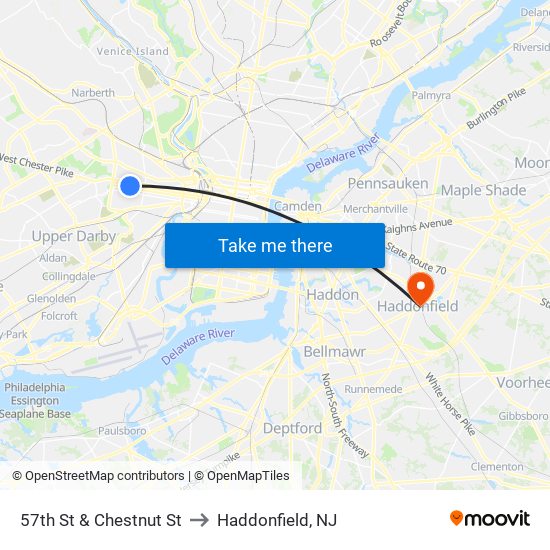 57th St & Chestnut St to Haddonfield, NJ map