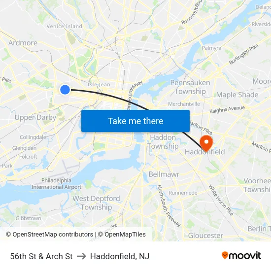 56th St & Arch St to Haddonfield, NJ map