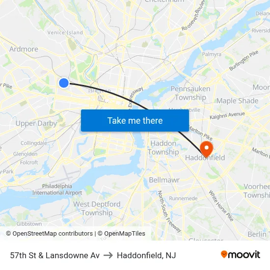 57th St & Lansdowne Av to Haddonfield, NJ map