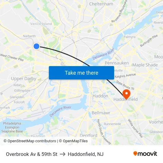 Overbrook Av & 59th St to Haddonfield, NJ map