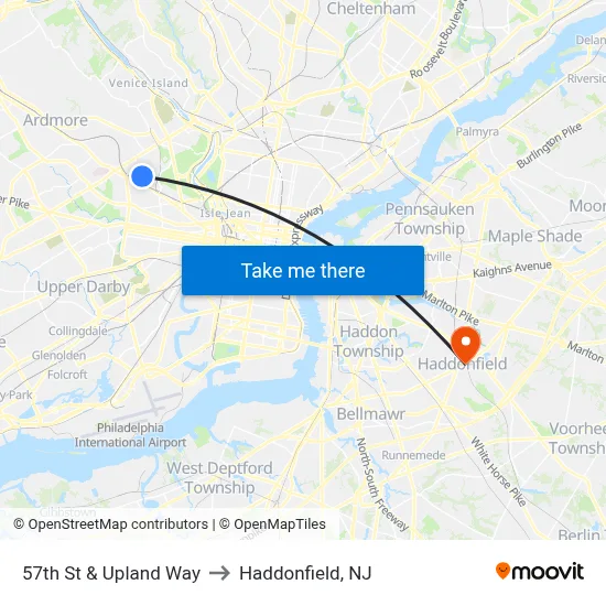 57th St & Upland Way to Haddonfield, NJ map