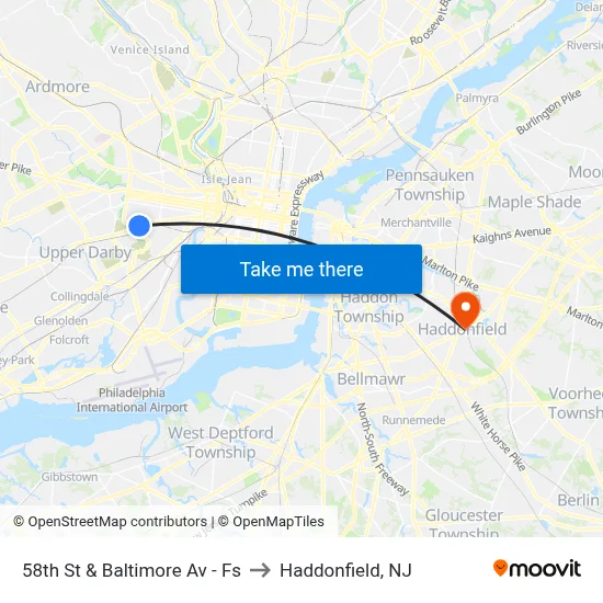 58th St & Baltimore Av - Fs to Haddonfield, NJ map