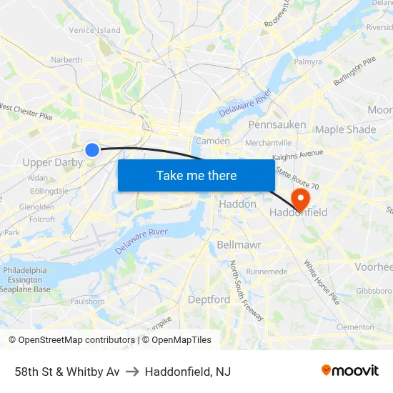 58th St & Whitby Av to Haddonfield, NJ map