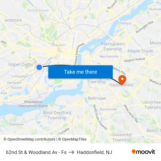 62nd St & Woodland Av - Fs to Haddonfield, NJ map