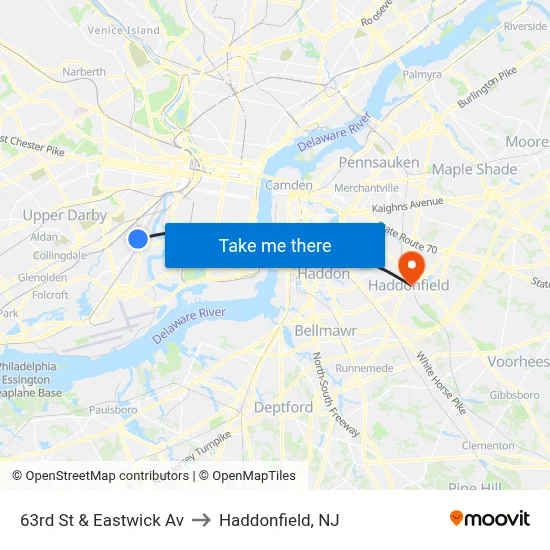 63rd St & Eastwick Av to Haddonfield, NJ map