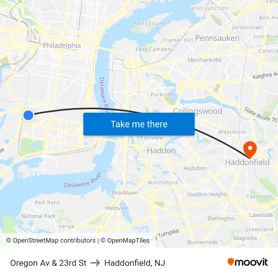 Oregon Av & 23rd St to Haddonfield, NJ map