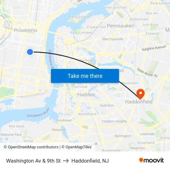 Washington Av & 9th St to Haddonfield, NJ map