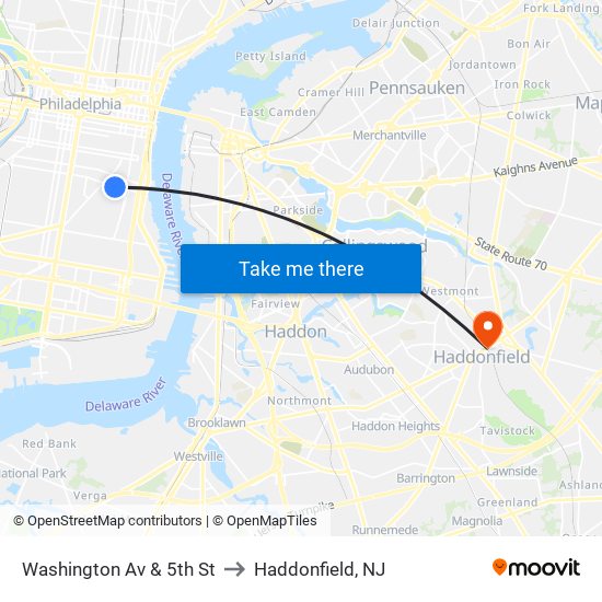 Washington Av & 5th St to Haddonfield, NJ map