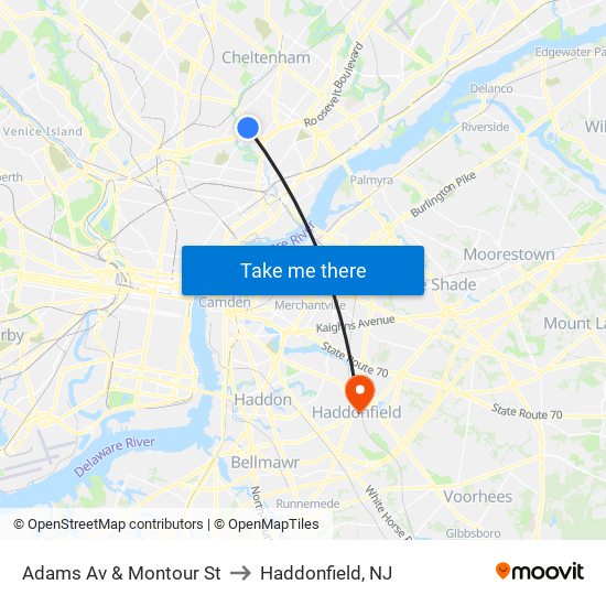 Adams Av & Montour St to Haddonfield, NJ map